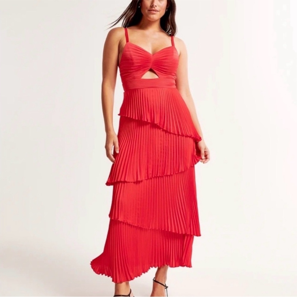 Abercrombie & Fitch Red Pleated Tiered Maxi Dress with Cutout